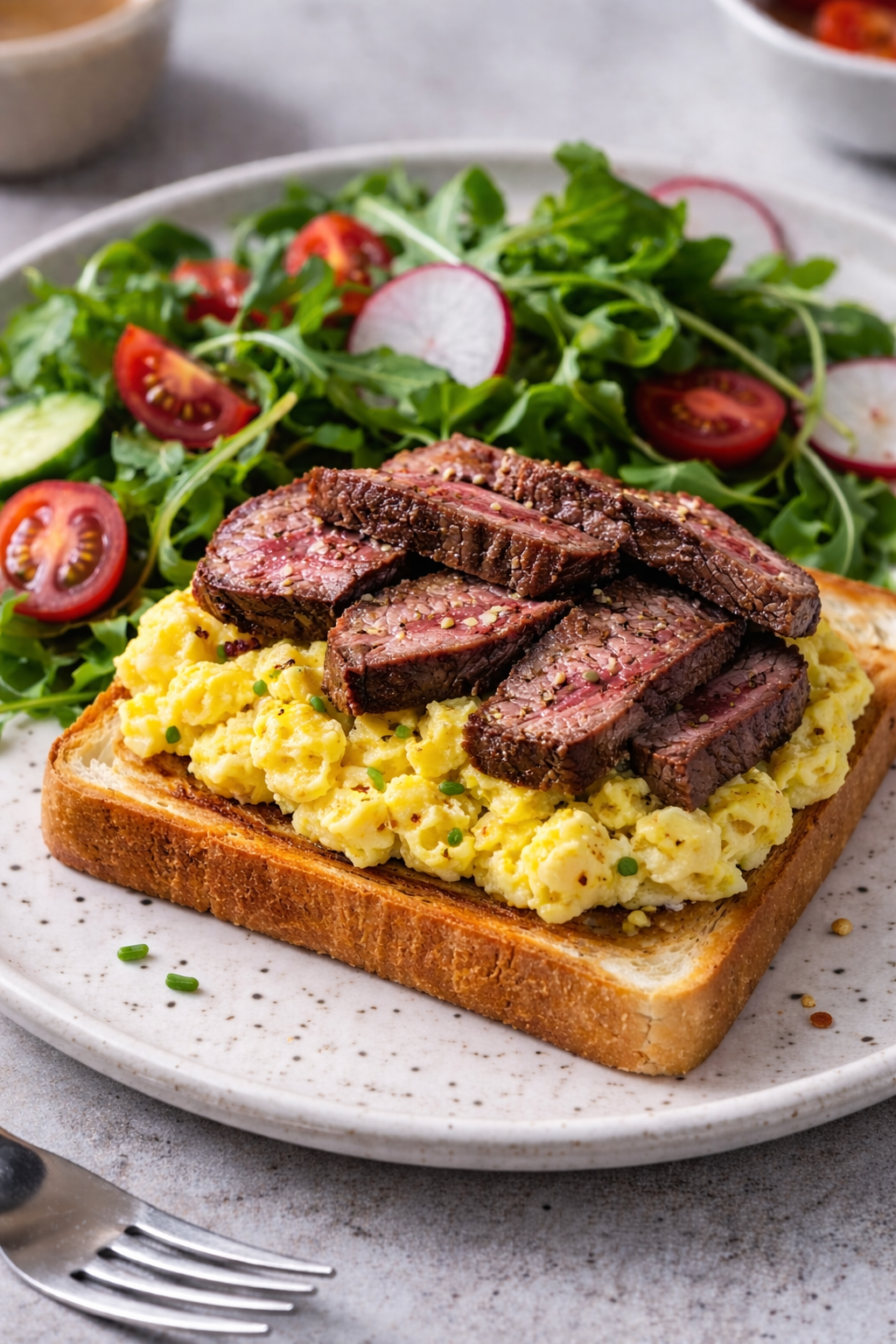 sirloin steak and scrambled egg